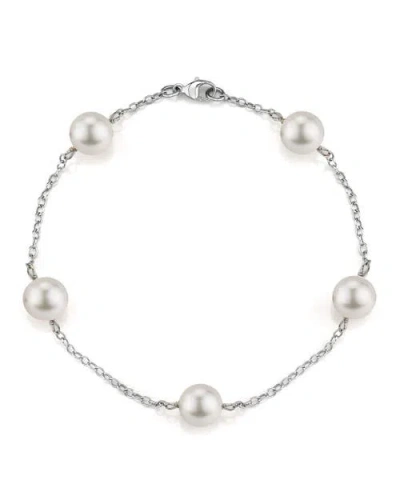 The Pearl Source 14k Gold Japanese Akoya White Pearl Tincup Bracelet In Silver