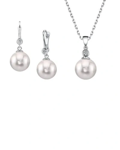 The Pearl Source 14k Gold White Akoya Cultured Pearl & Diamond Michelle Jewelry Set In White Gold