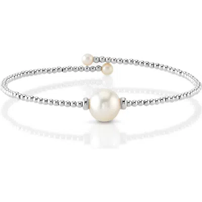 The Pearl Source 14k Gold White Freshwater Pearl Beaded Bangle Bracelet In White Gold Base