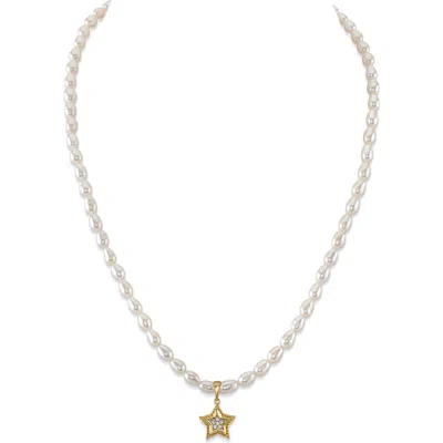 The Pearl Source 4.0-4.5mm White Freshwater Oval Pearl Star Necklace In Metallic