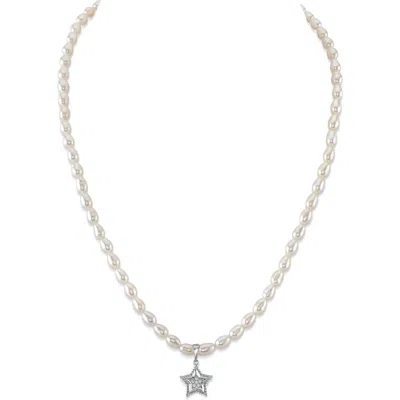 The Pearl Source 4.0-4.5mm White Freshwater Oval Pearl Star Necklace In Metallic