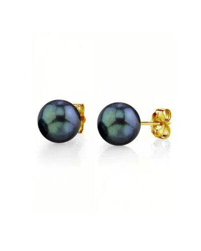 The Pearl Source 6.0-6.5mm Black Akoya Round Pearl Stud Earrings In Yellow Gold