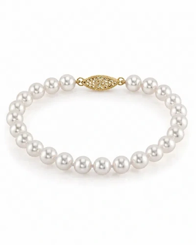 The Pearl Source 6.5-7.0mm Hanadama Akoya White Pearl Bracelet In Yellow Gold Clasp