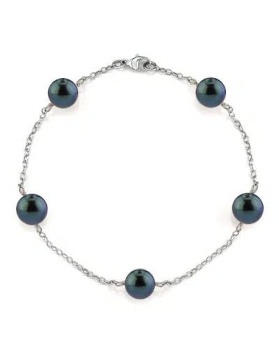 The Pearl Source 7.0-7.5mm Japanese Akoya Black Pearl Tincup Bracelet In White Gold Chain