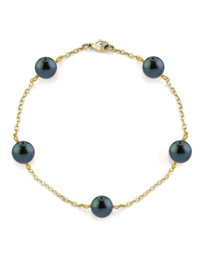 The Pearl Source 7.0-7.5mm Japanese Akoya Black Pearl Tincup Bracelet In Yellow Gold Chain