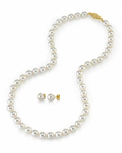 The Pearl Source 7.0-7.5mm Japanese White Akoya Pearl Necklace & Earrings In Yellow Gold