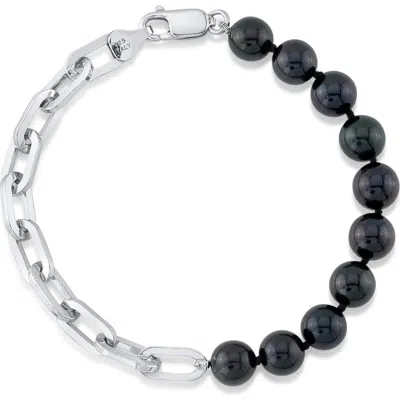 The Pearl Source 7.5-8.0mm Black Freshwater Pearl & Chain Blake Bracelet For Women In Sterling Silver Chain