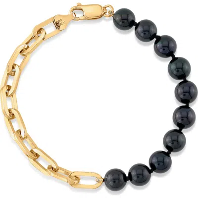 The Pearl Source 7.5-8.0mm Black Freshwater Pearl & Chain Blake Bracelet For Women In Yellow Gold Fill Chain