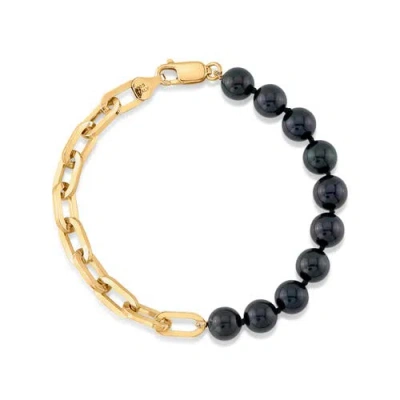 The Pearl Source 7.5-8.0mm Black Freshwater Pearl & Chain Blake Bracelet In Yellow Gold Fill Chain