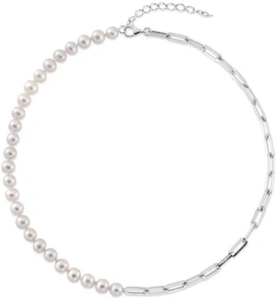 The Pearl Source 7mm White Freshwater Amelia Pearl & Chain Necklace In Metallic