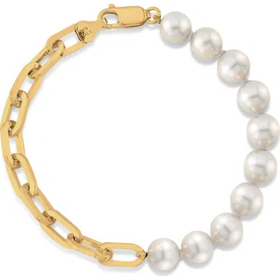 The Pearl Source 7mm White Freshwater Oscar Pearl & Chain Bracelet In Yellow Gold Fill Chain