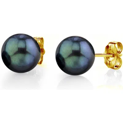 The Pearl Source 8.5-9.0mm Black Akoya Round Pearl Stud Earrings In Gold