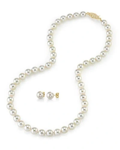 The Pearl Source 8.5-9.0mm Japanese White Akoya Pearl Necklace & Earrings In Yellow Gold