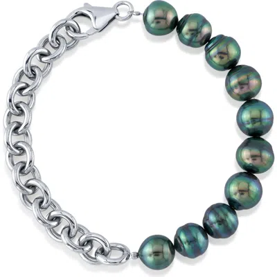The Pearl Source 8-9mm Logan Black Tahitian Baroque Pearls & Chain Bracelet In Sterling Silver Chain
