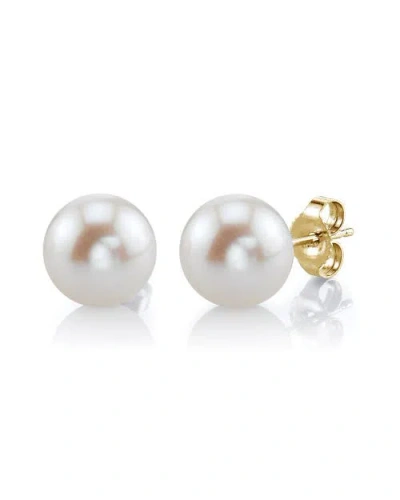 The Pearl Source 8mm White Freshwater Round Pearl Stud Earrings In Yellow Gold