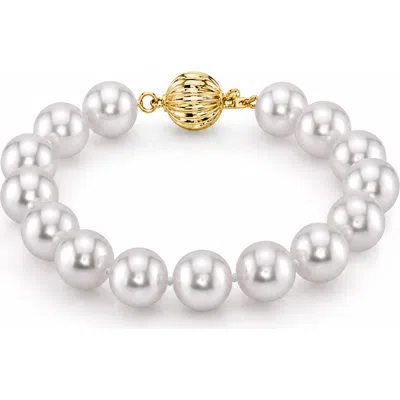 The Pearl Source 9.5-10mm Akoya White Pearl Bracelet In Yellow Gold Clasp