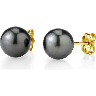 The Pearl Source 9mm Tahitian South Sea Round Pearl Stud Earrings In Yellow Gold
