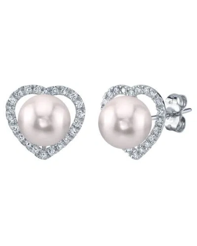The Pearl Source Akoya Pearl & Diamond Heart Amour Earrings In Gold