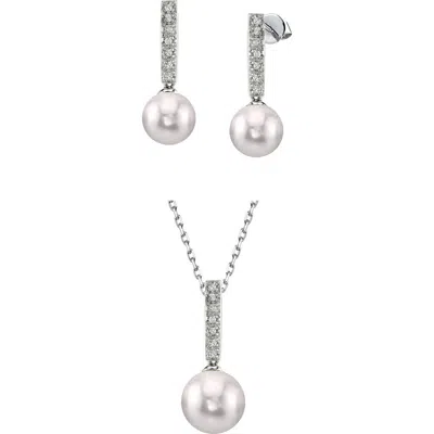 The Pearl Source Akoya Pearl Dangling Diamond Pendant & Earrings In White Gold