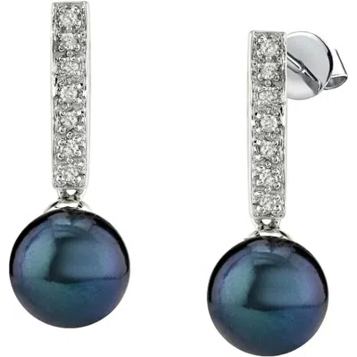 The Pearl Source Black Akoya Pearl Dangling Diamond Earrings In Blue