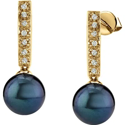 The Pearl Source Black Akoya Pearl Dangling Diamond Earrings In Gold