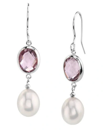 The Pearl Source Freshwater Amethyst & Drop Pearl Hailey Tincup Earrings In Sterling Silver