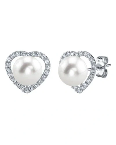 The Pearl Source Freshwater Pearl & Diamond Heart Amour Earrings In Gold