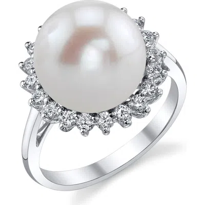 The Pearl Source Freshwater Pearl & Diamond Sage Ring In White Gold