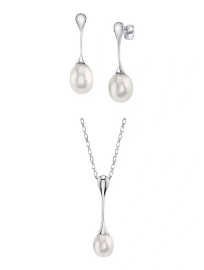The Pearl Source Freshwater Pearl Long Teardrop Pendant & Earrings Set In White Pearls