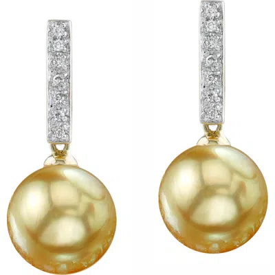 The Pearl Source Golden Pearl Dangling Diamond Earrings In Yellow Gold