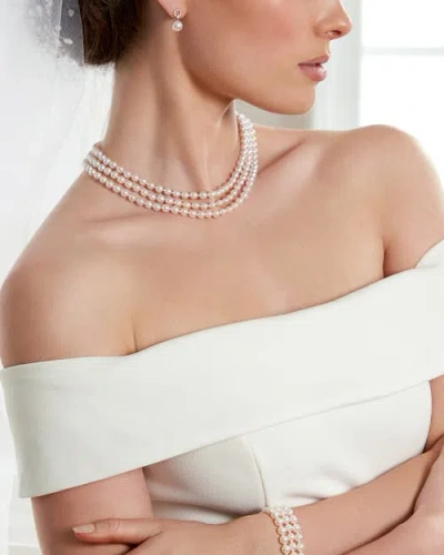 The Pearl Source Hanadama Akoya White Pearl Triple Strand Necklace In Metallic