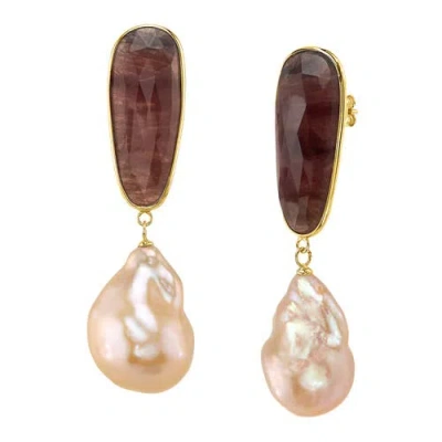 The Pearl Source Peach Freshwater Baroque Pearl Katana Earrings In Yellow Gold Fill