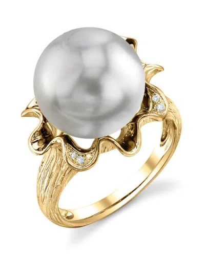 The Pearl Source South Sea Pearl & Diamond Robin Ring In Yellow Gold