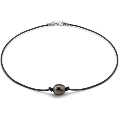 The Pearl Source Tahitian Baroque Pearl Leather Necklace In Black