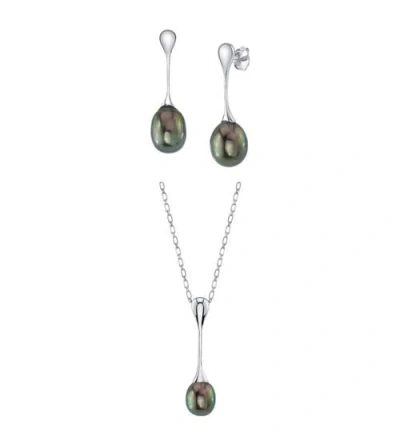 The Pearl Source Tahitian Pearl Long Teardrop Pendant & Earrings Set In Black Pearls