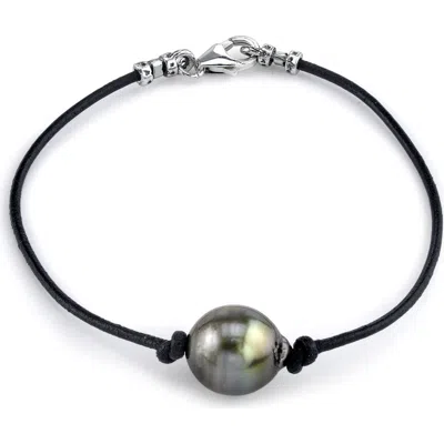 The Pearl Source Tahitian South Sea Baroque Pearl Leather Bracelet In Black