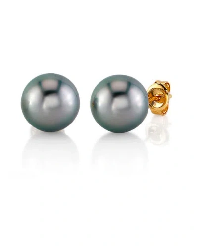 The Pearl Source Tahitian South Sea Silver Round Aaa Pearl Stud Earrings In Yellow Gold