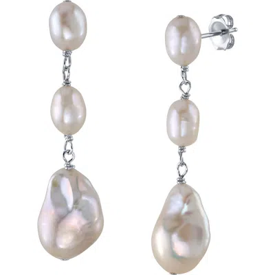The Pearl Source Triple White Freshwater Baroque Pearl Glenn Earrings In Sterling Silver