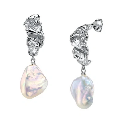 The Pearl Source White Freshwater Baroque Hoop Pearl Goldie Earrings In Sterling Silver
