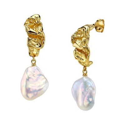The Pearl Source White Freshwater Baroque Hoop Pearl Goldie Earrings In Yellow Gold Fill