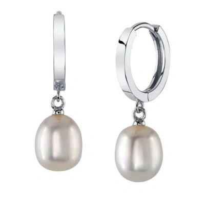 The Pearl Source White Freshwater Baroque Huggie Pearl Gianna Earrings In Sterling Silver