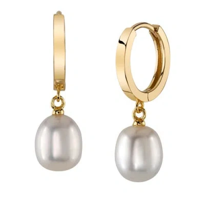 The Pearl Source White Freshwater Baroque Huggie Pearl Gianna Earrings In Yellow Gold Fill
