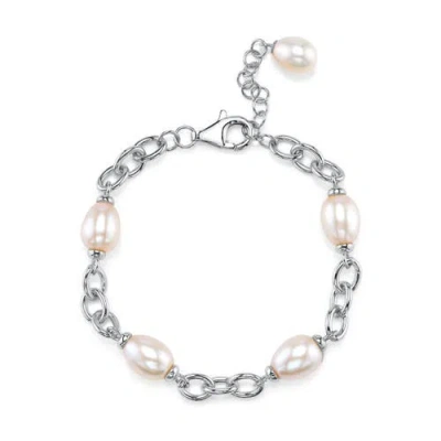 The Pearl Source White Freshwater Baroque Pearl Miren Bracelet In Sterling Silver Chain