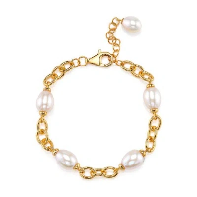 The Pearl Source White Freshwater Baroque Pearl Miren Bracelet In Yellow Gold Fill Chain