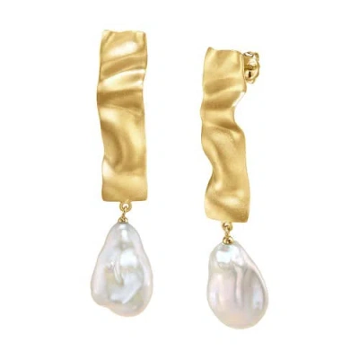 The Pearl Source White Freshwater Baroque Pearl Reagan Earrings In Yellow Gold Fill