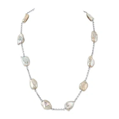The Pearl Source White Freshwater Cultured Keshi Pearl Rhodes Necklace For Women In Silver