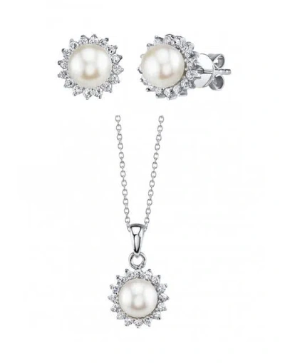 The Pearl Source White Freshwater Cultured Pearl & Cubic Zirconia Ariela Jewelry Set In White Pearls