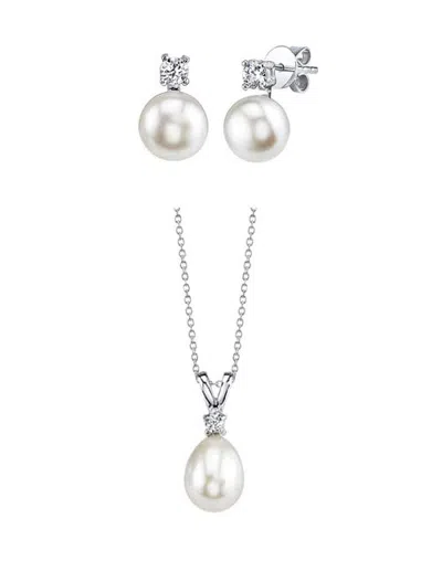 The Pearl Source White Freshwater Cultured Pearl & Cubic Zirconia Rosalie Jewelry Set In White Pearls