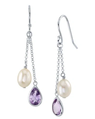 The Pearl Source White Freshwater Drop Shape Cultured Pearl & Amethyst Earrings In Sterling Silver