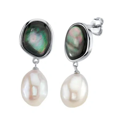 The Pearl Source White Freshwater Pearl & Black Mother Of Pearl Nina Earrings In Sterling Silver